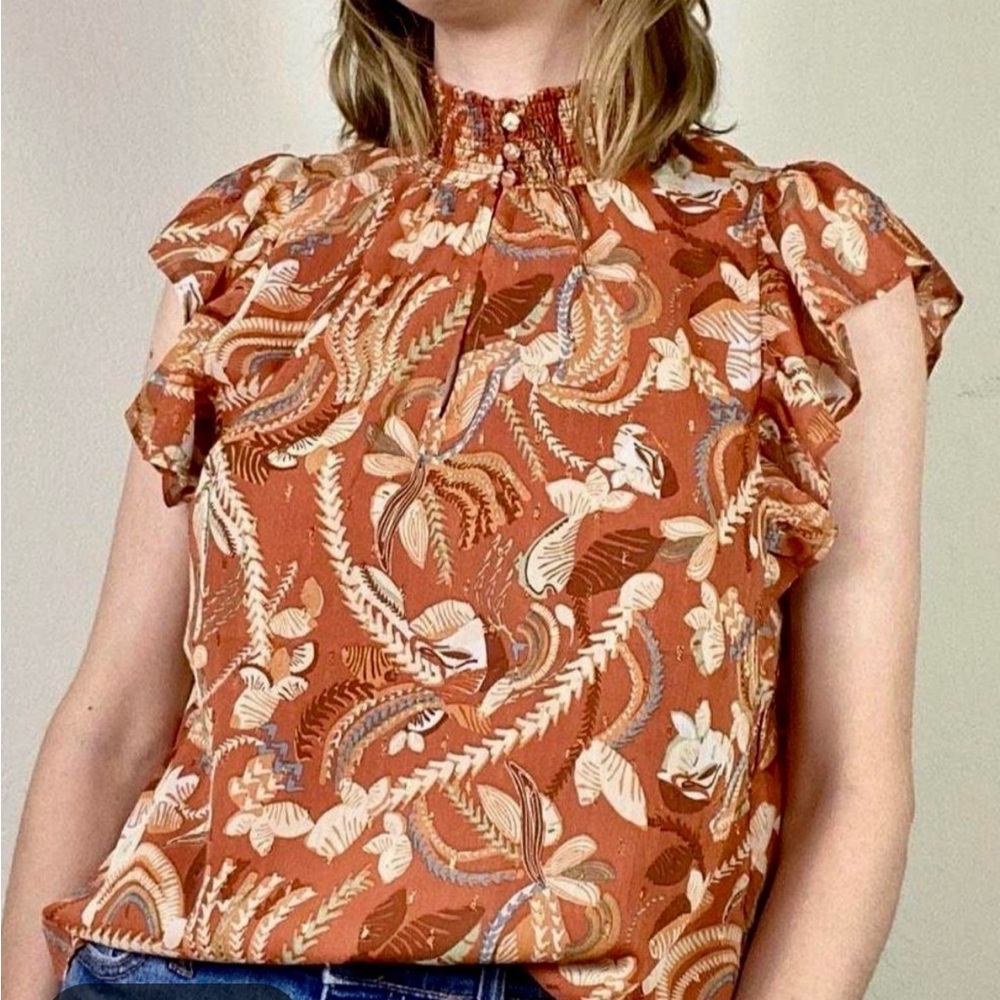 Joie Sleeveless Flutter Sleeve Blouse, Burnt Orange & Metallic Gold Print, Sz M